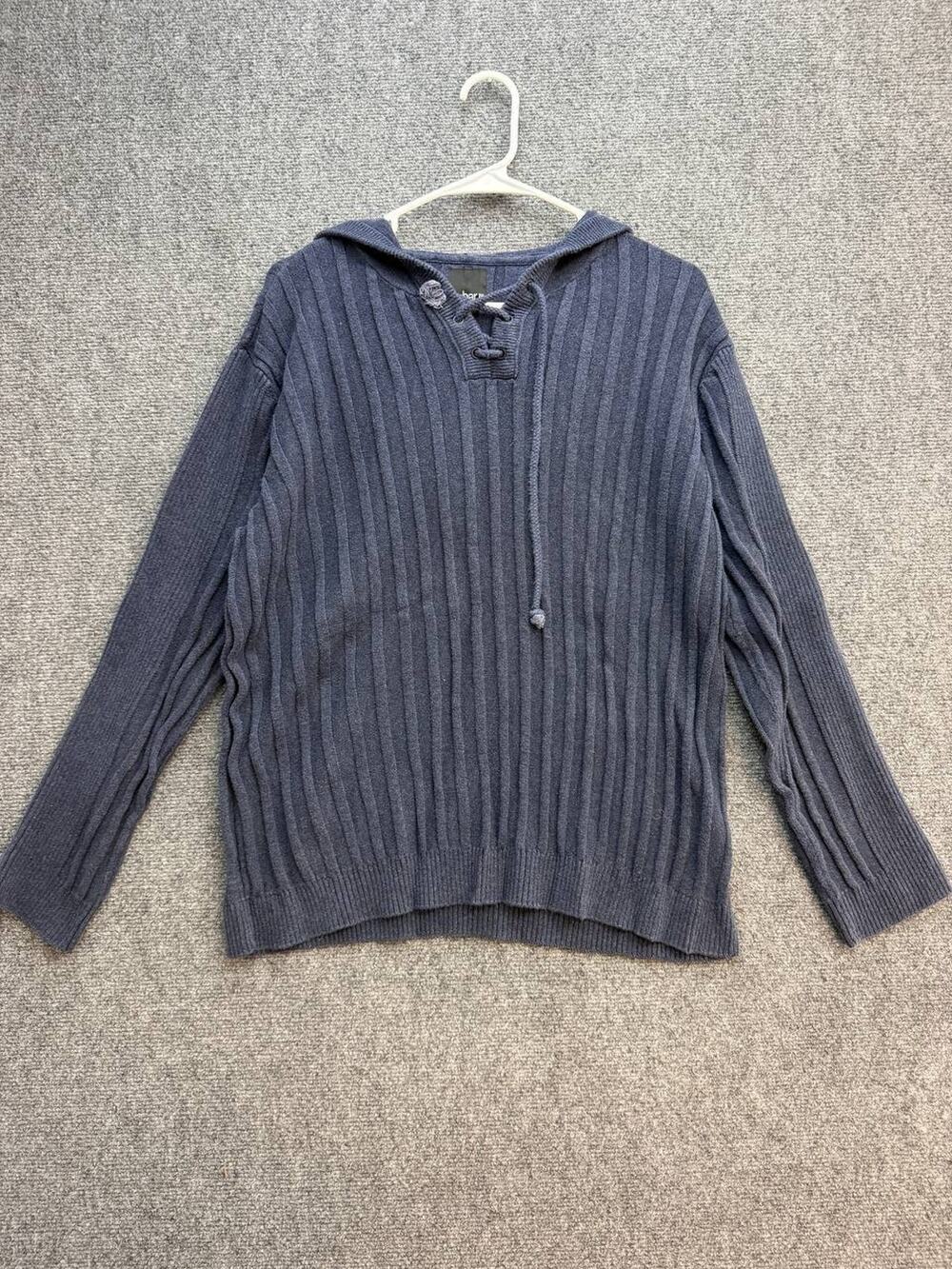 bar III Men's Navy Blue Ribbed Knit Hooded Sweater Size XL Runs Small